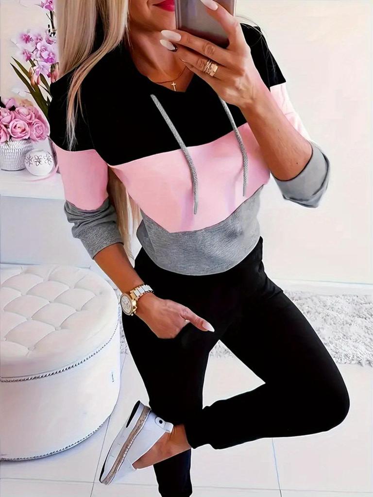 2024 Colorblock Hooded Loose Long Sleeve Set - Sexy Spring/Autumn European & American Style.