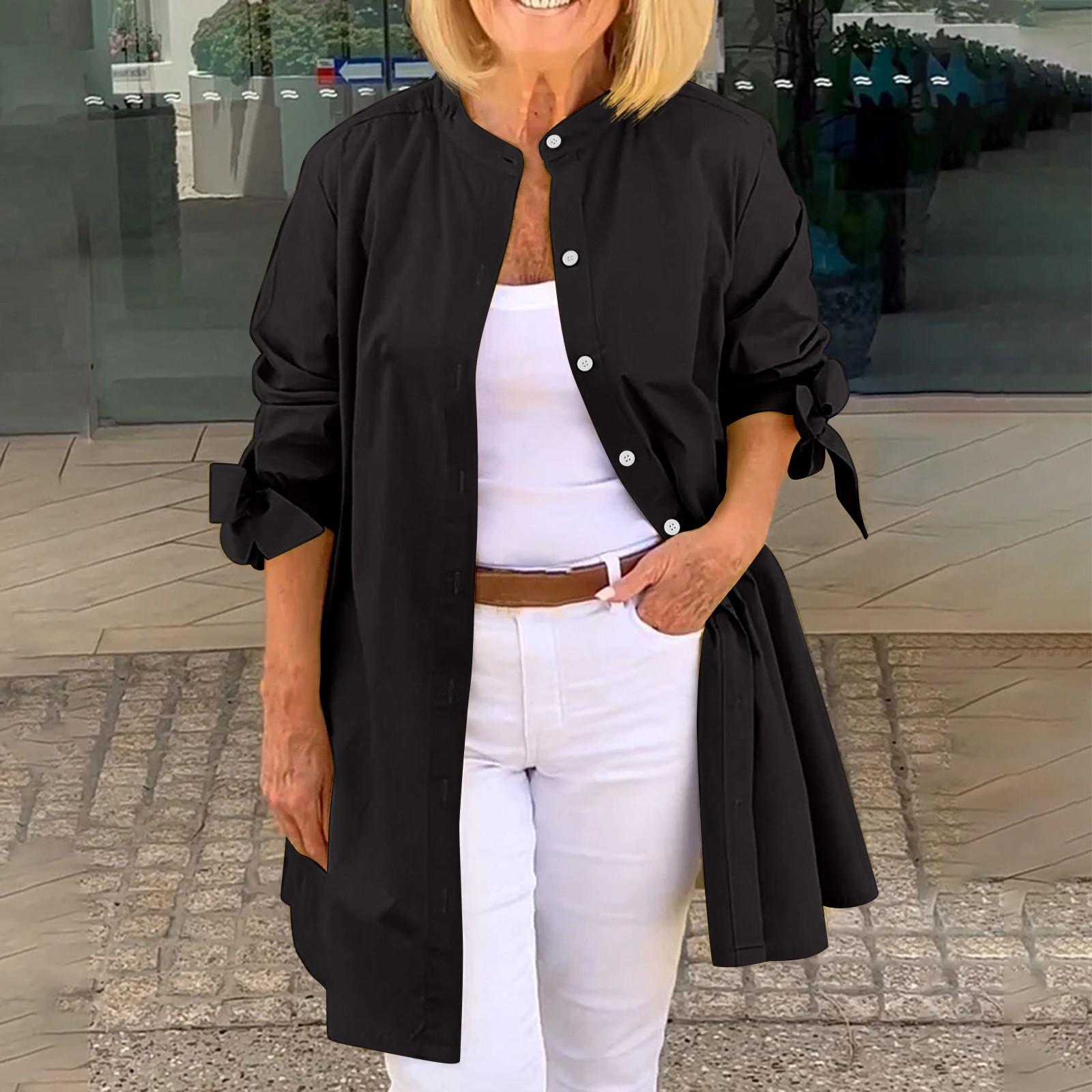 

Женская мода повседневный однотонный однобортный кардиган с длинными рукавами футболка рубашка M чёрный