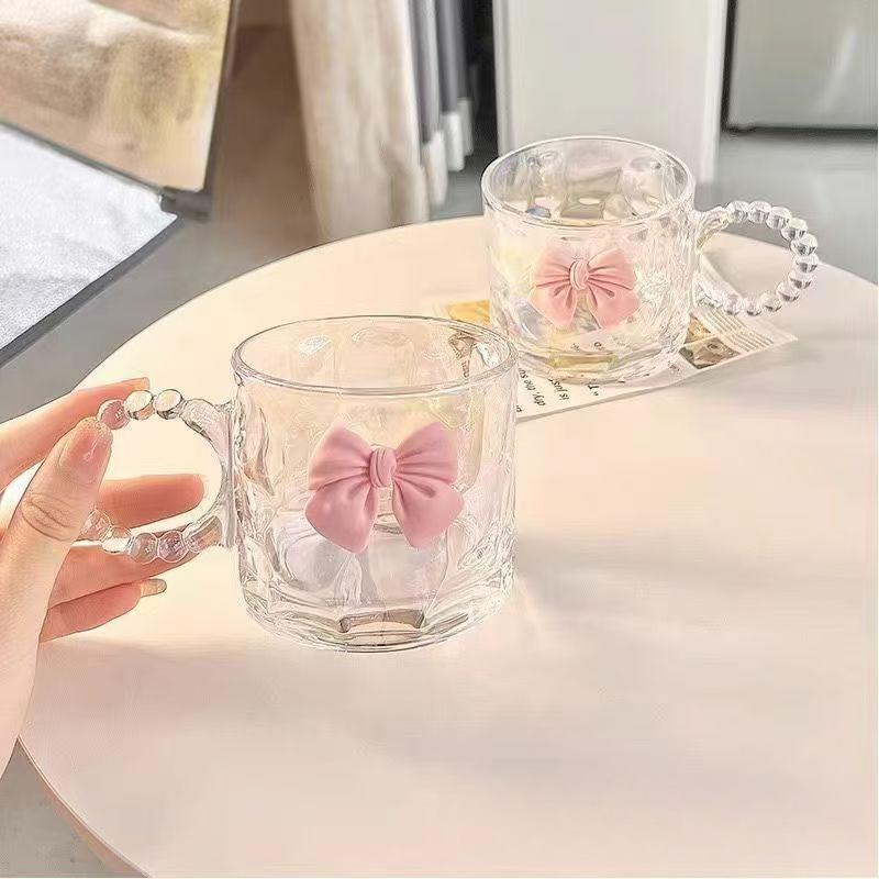 Viral Handle Glass Mug Heat Resistant Transparent Cup with Bowknot Minimalist Design for Home Coffee Tea Beverage Drinking