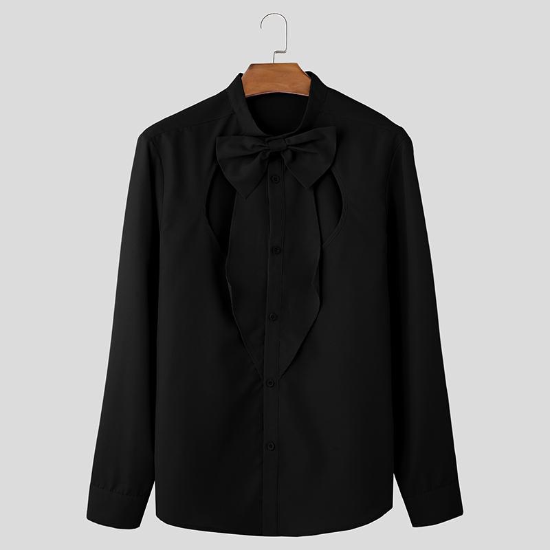 

INCERUN Мужские рубашки с воротником-стойкой, длинным рукавом, вырезами и бантом, свободные, для вечеринок, топы 4XL