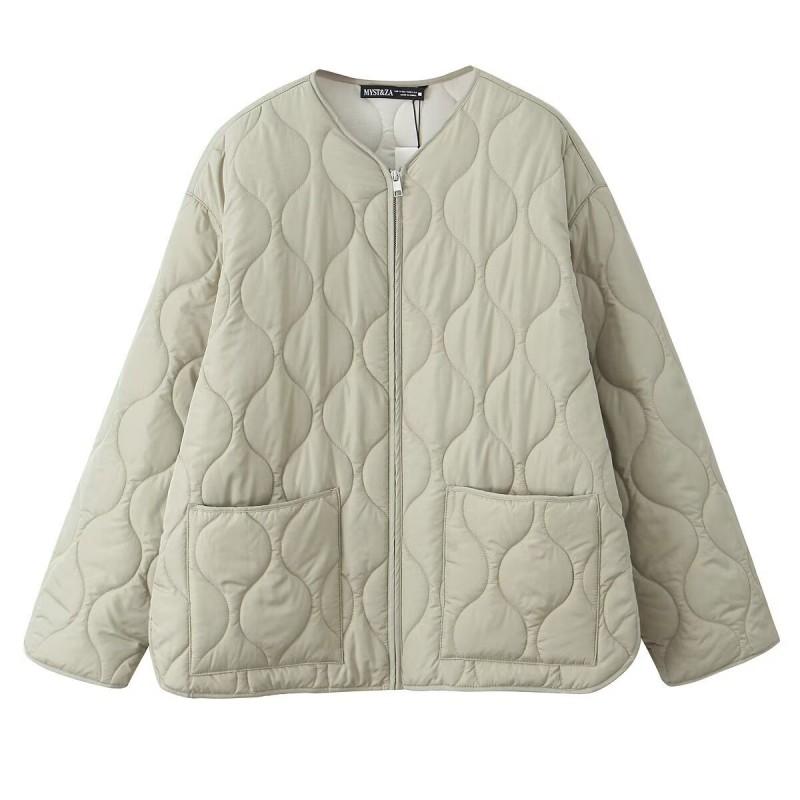 Womens Winter Warm Cotton Padded Jacket Loose Fit Round Neck Zipper Front With Large Pockets