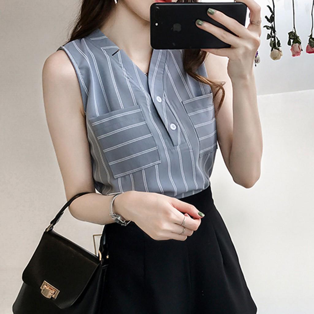 

Women Fashion Shirt Sleeveless Stripe Vest Chiffon Top V-Neck Blouse XXXXL синий