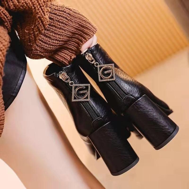 Real soft leather boots women's autumn and spring new versatile boots Martin boots round head thick heel thin boots