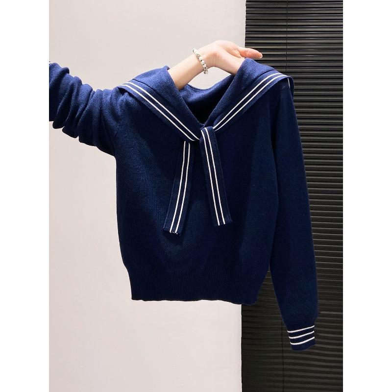 Temperament soft waxy knitted sweater niche long-sleeved sweater women's autumn new college style navy collar shawl strap top