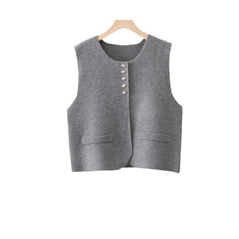 Primavera Autunno Nicchia Premium Gilet in Maglia Donna Elegante Francese Versatile Moda Bottone Dorato Girocollo Gilet Tinta Unita