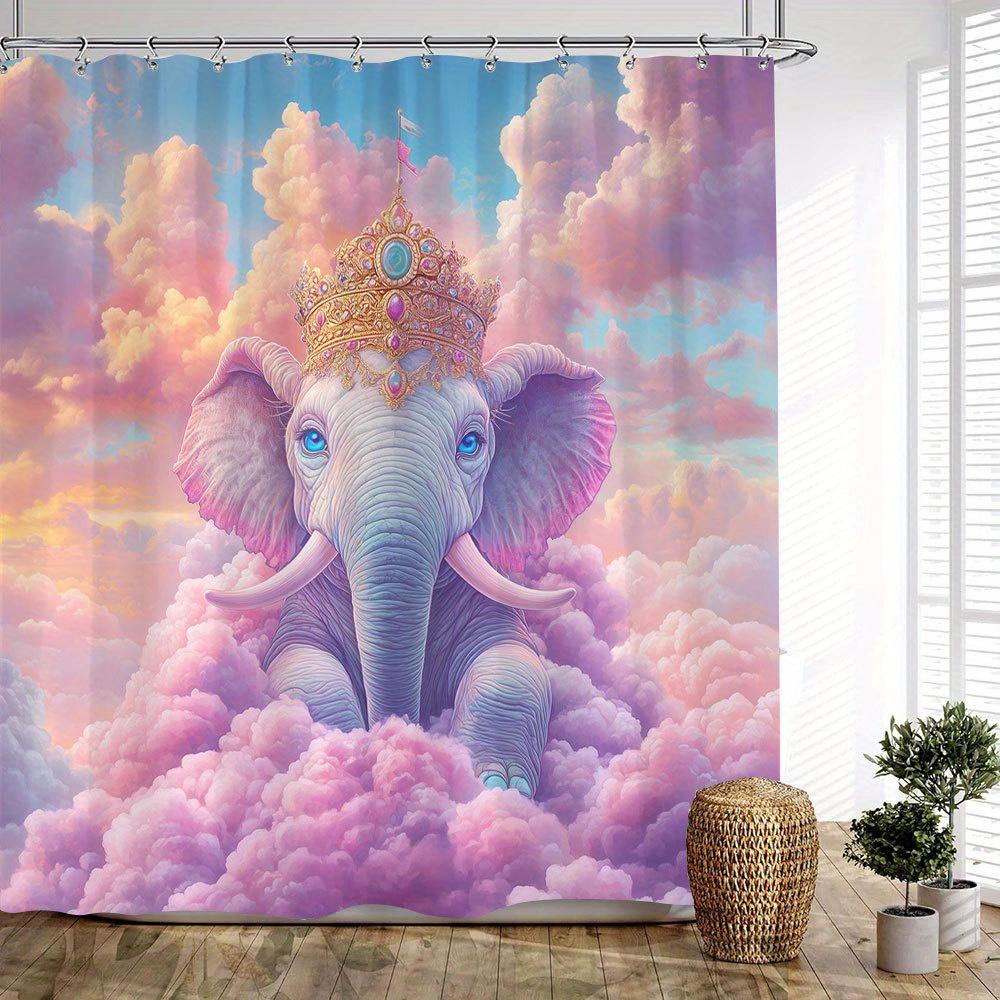 

1Pc Crowned Blue Elephant Shower Curtain - Whimsical Animal Decor With Golden Crown & Pink Clouds Gradient Sunset Sky Design W60H190(CM)-1 Pcs