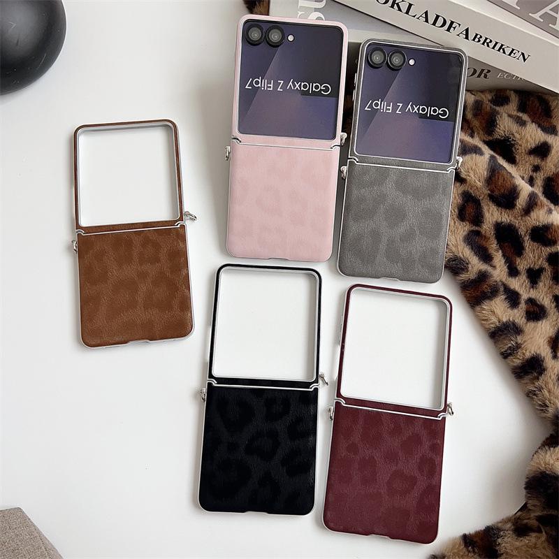 Samsung ZFLIP7 Leopard Print Case with Silver Edge & Hand Strap - Fits ZFLIP6/5