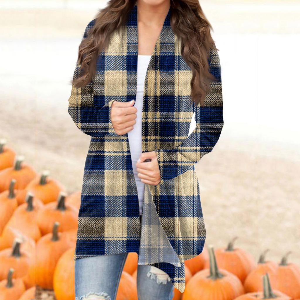 Damska codzienna moda w kratę, kardiganowa kurtka z półotwartym kołnierzykiem, średniej długości, z nieregularnym dołem
