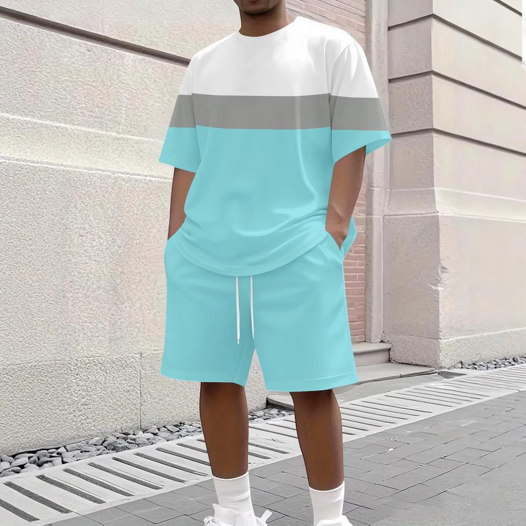 Men's Casual Short Sleeve Crew Neck T-Shirt and Shorts Set Striped Pattern Lightweight Breathable Summer Outfit for Daily Wear