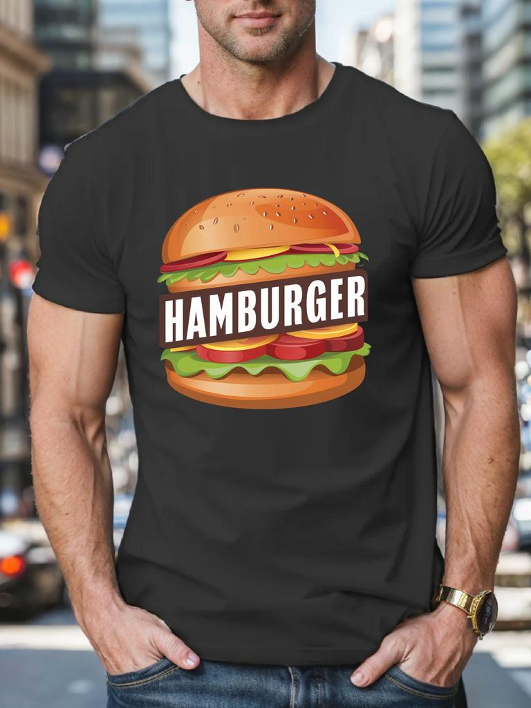 Unisex Casual Cotton Short Sleeve T Shirt Vivid Hamburger Burger Print Crew Neck Food Enthusiast Urban Daily Leisure Outfit Tee