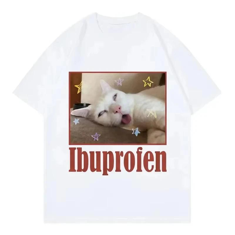 Fun Ibuprofen Cat Meme Print T-Shirt for Women Stylish and Cute Short-Sleeved T-Shirt Summer Casual Women's T-Shirt
