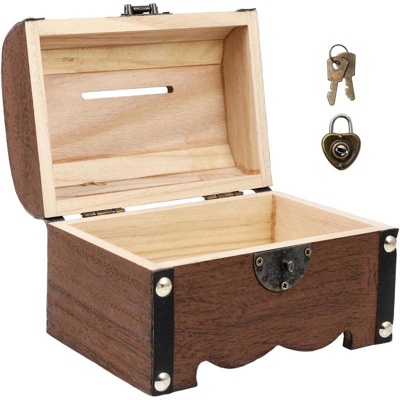 

Vintage Treasure Chest Lock Box, Coins and Valuable Items Plastic Storage, Light Brown Bank Items with Locks for Children
