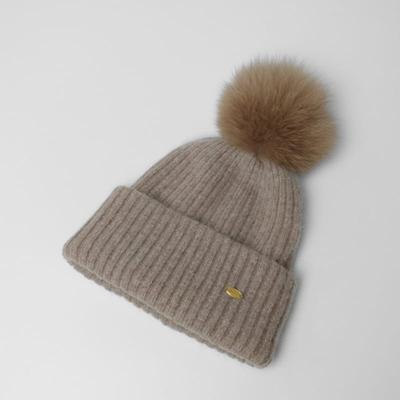 Fox Fur Pom Pom Beanie Hat - Brown