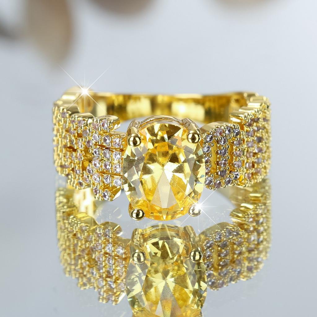 Exquisite Heavy Industry Egg Shaped Full Circle Yellow Zircon Ring with Luxurious Charm Shining Gift Matching Accessories