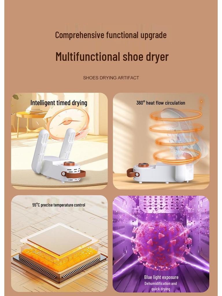 Smart UV Shoe Dryer: Deodorizes, sterilizes, dehumidifies, with constant temperature, timing, foldable and retractable features.