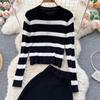 Autumn And Winter Korean Version Of The Collision Color Stripes Hollow Knitted Cardigan Plus Half-Body Skirt Two-Piece Set