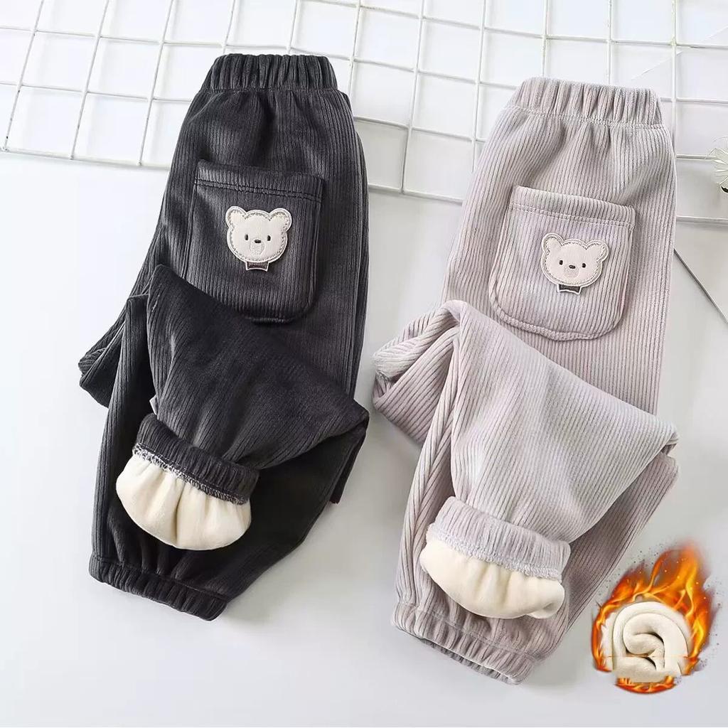 Autumn Winter Children's Fleece-lined Corduroy Pants Stylish Embroidery Casual Warm Trousers for Boys Girls