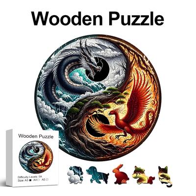 Puzzle en bois sur le thème Dragon et Phénix, Jouets uniques de forme animale irrégulière, Décorations créatives faites à la main, Cadeau de vacances