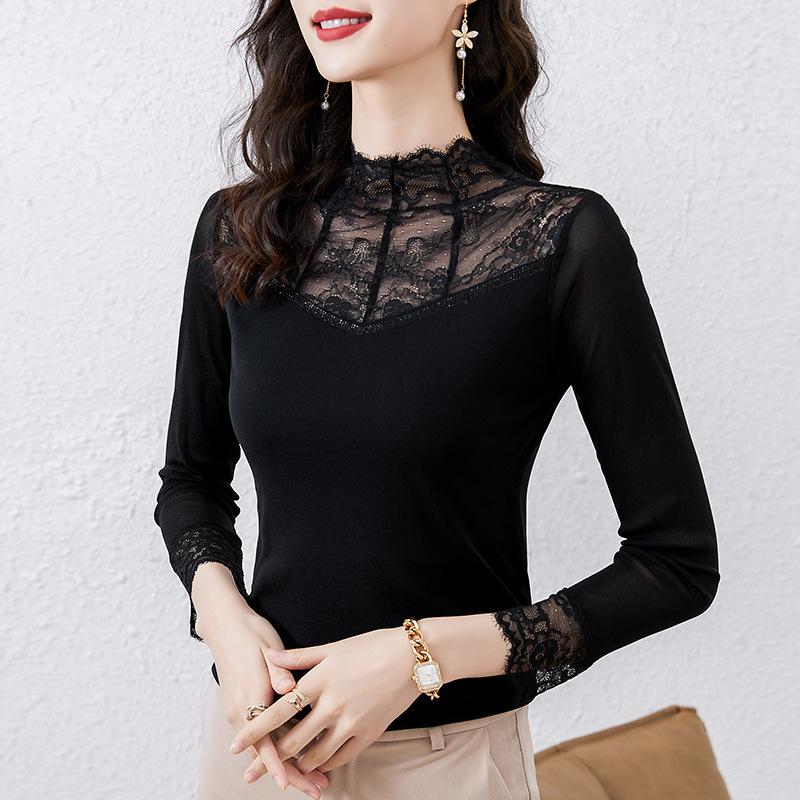 Women's Lace Bottoming Shirt – Mesh Mid-Neck Top, Spring/Autumn 2023, Fashionable Tulle Inner Wear