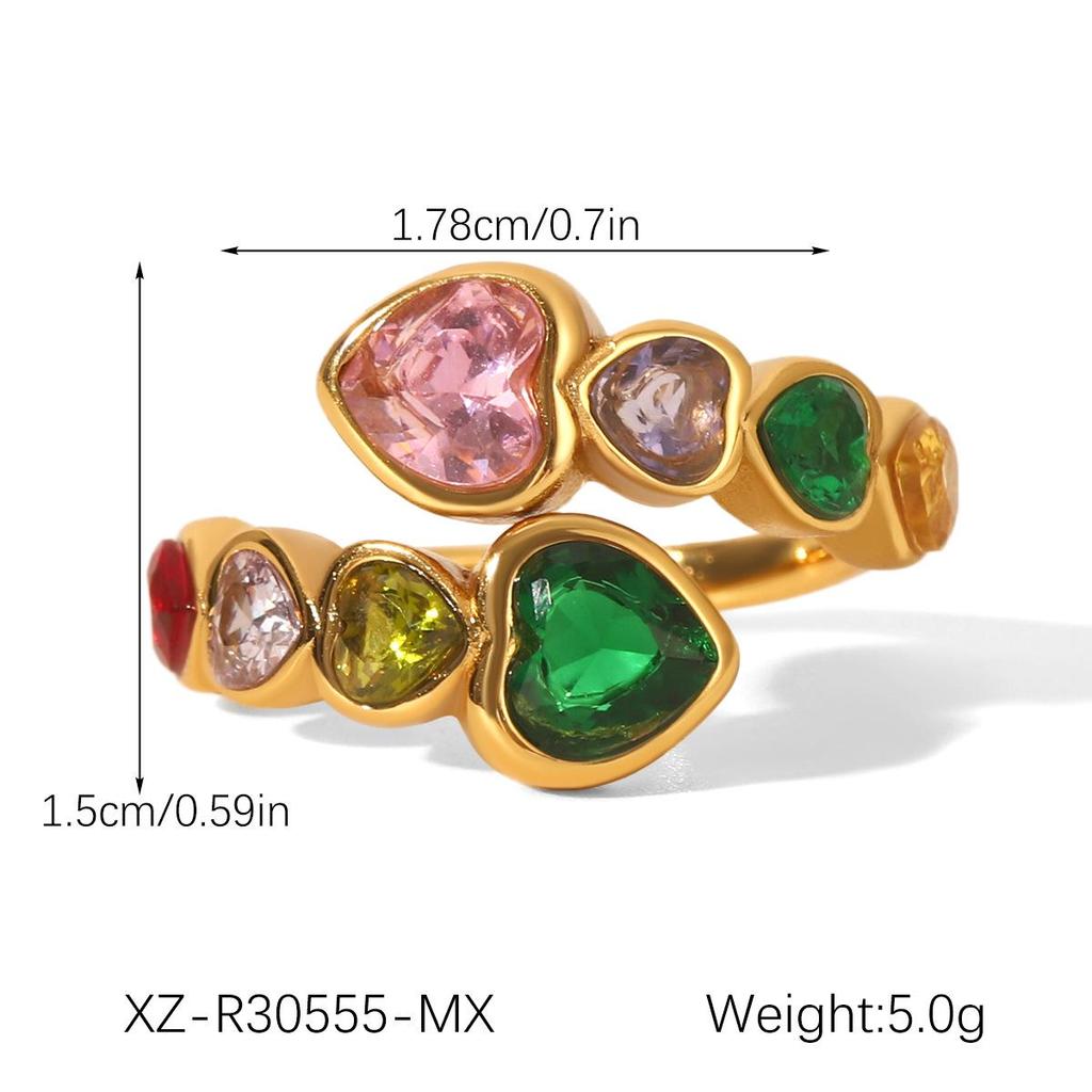 Exclusive Heart-Shaped Zircon Titanium Steel Open Ring for Women - European & American High-End, Non-Fading