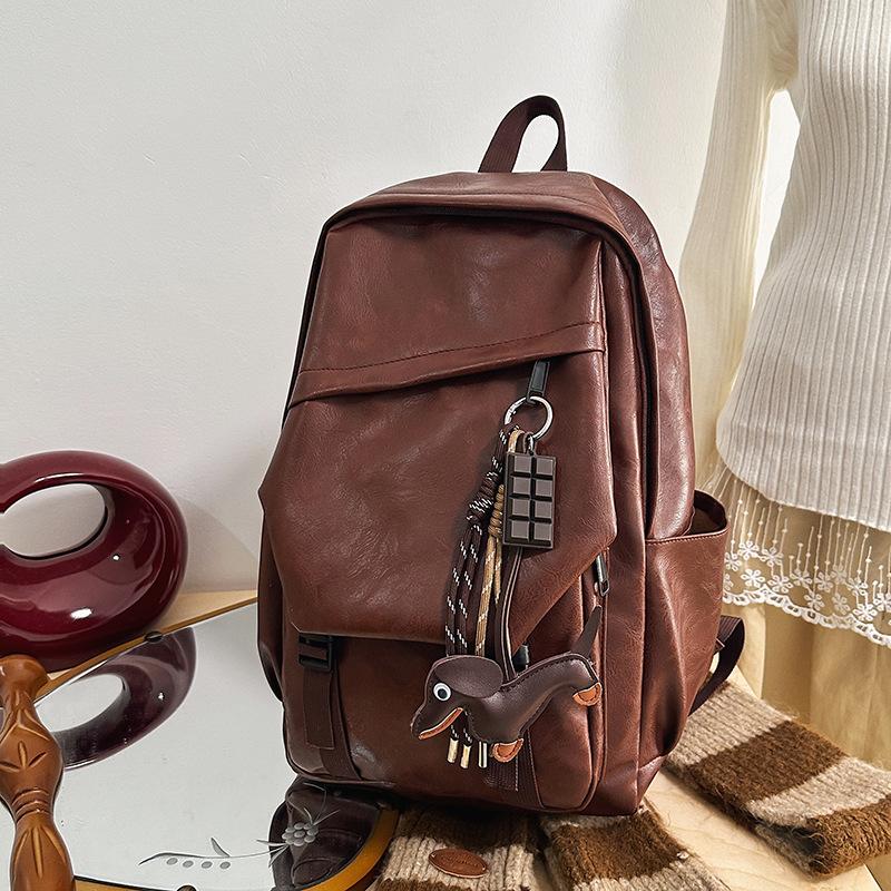Retro Hong Kong Style Soft Leather Backpack, Men's and Women's Locomotive Style Backpack, College Student Schoolbag, Cool Waterproof Computer Bag