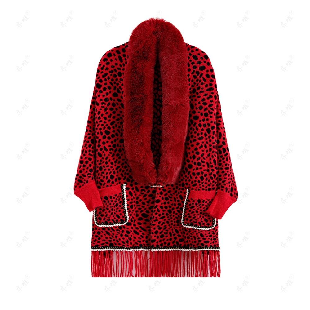 Autumn and Winter Imitation Mink Collar Pocket Sleeves Leopard Print Shawl Cape Fringed Scarf Jacket Women's Knitted Sweater