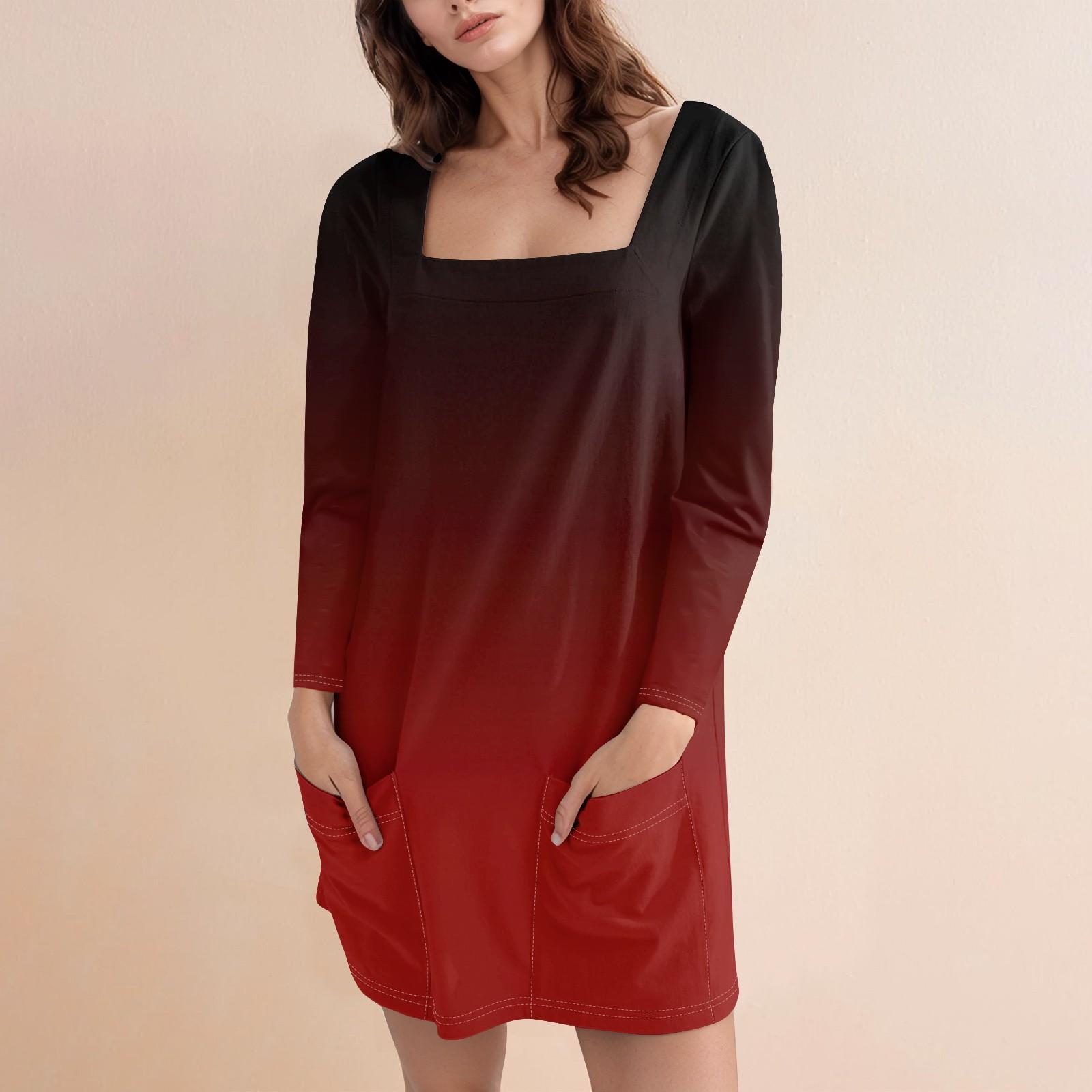 

Женское модное повседневное однотонное короткое платье с квадратным вырезом и длинным рукавом XL красный