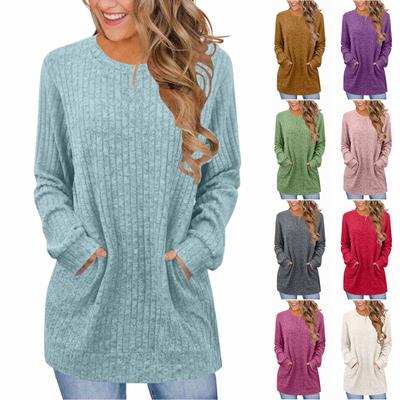 Women's Fashion Loose-Fit Round Neck T-Shirt Solid Colour Pocketed Long-Sleeved Top