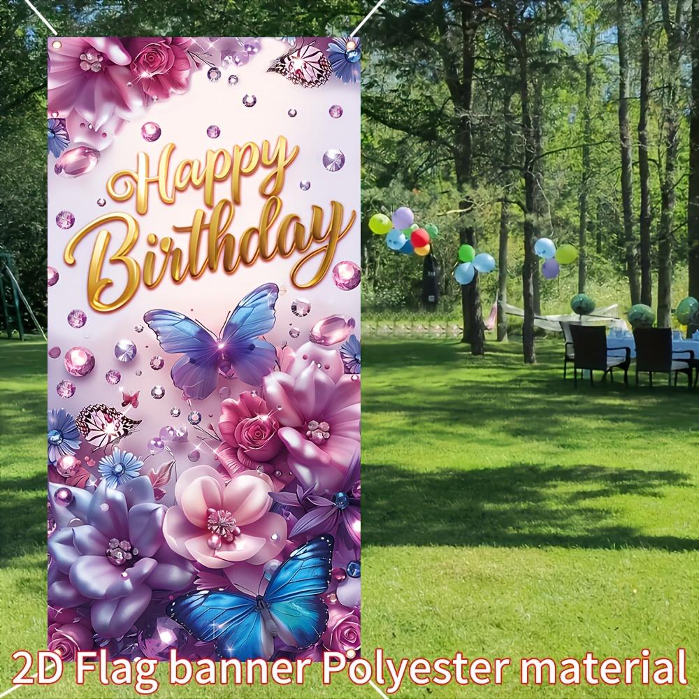 2D Flat Banner 1pc Happy Birthday Decorative Banner 90cm * 180cm/35.4in * 70.8in Floral Butterfly Birthday Decorative Banner Birthday Wall