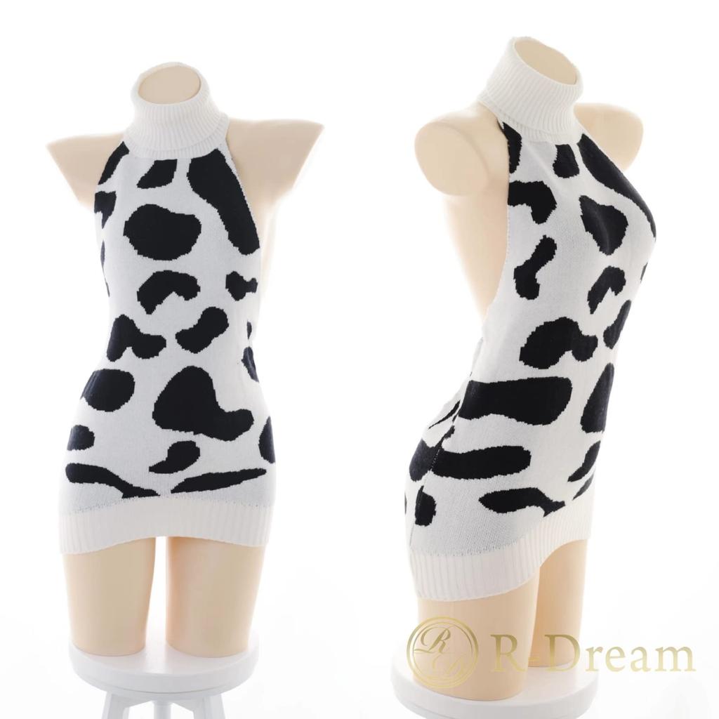 Cow Sexy Cosplay Mini Dress Headband Knee High Socks 3 Piece Set Sweater to Kill Your Virginity Erotic Cute Animal Cosplay Knit Mini Dress Turtleneck