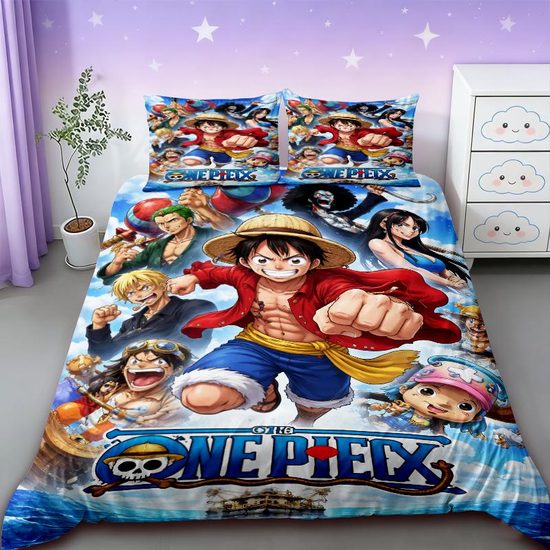 Duvet Cover One Piece Kids Cartoon Luffy Bedding Set with 2 Pillowcases Soft and Cozy Bedroom Bed Decor Teens Boys Gifts Best