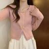 QICED Retro Square Collar Soft Knit Cardigan Women's Autumn and Winter Design Sense Niche All-match Short Sweater Top
