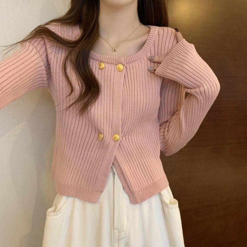 QICED Retro Square Collar Soft Knit Cardigan Women's Autumn and Winter Design Sense Niche All-match Short Sweater Top