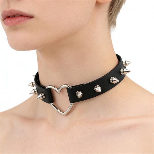 Unisex European Punk Black Leather Choker with Metal Chain and Lock Pendant.