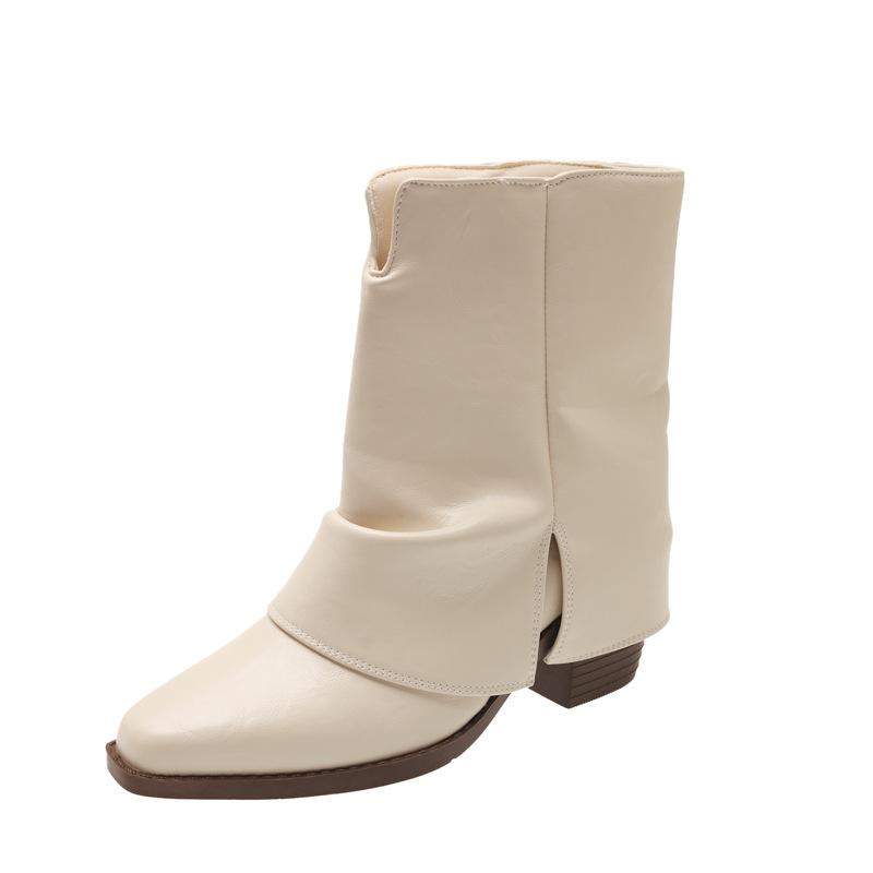 French Pointed White Simple Thick Heel Small Square Head Women's 2025 Autumn New Short Boots Retro Thick Heel Martin Boots