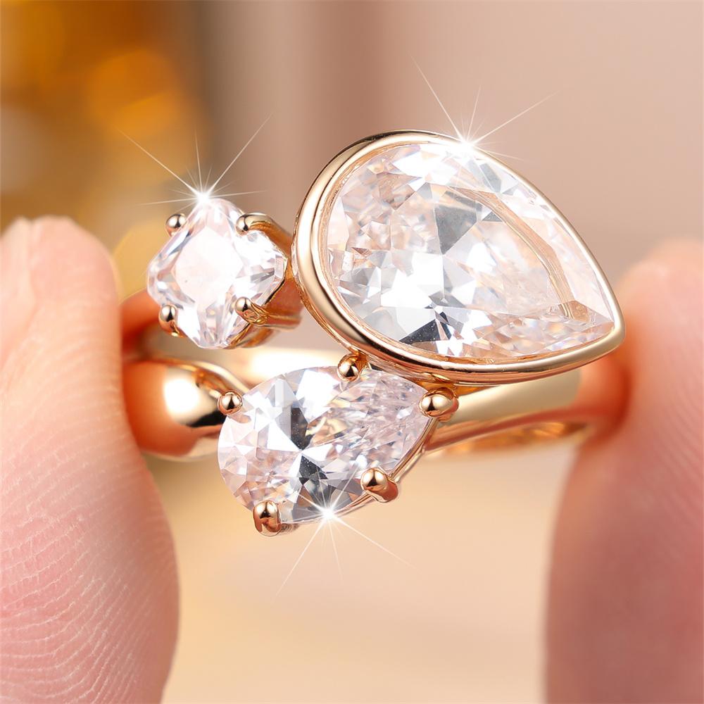 S/set White Zircon Water Drop Stone Ring Sets For Women Vintage Gold Color Engagement Bands Wedding Jewelry Accessories