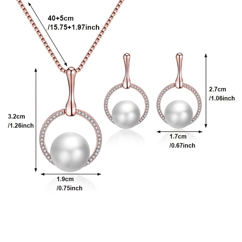Round Imitation Pearl Pendant Necklace and Earrings Jewelry Set with Rhinestones, Birthday and Holiday Accessory Gift