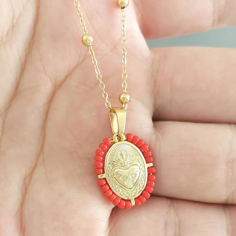 QMHJE Virgin Mary Pendant Charm Necklace Women Cross Scared Heart Jesus Choker Seed Beads Stainless Steel Chain Gold Color Mom