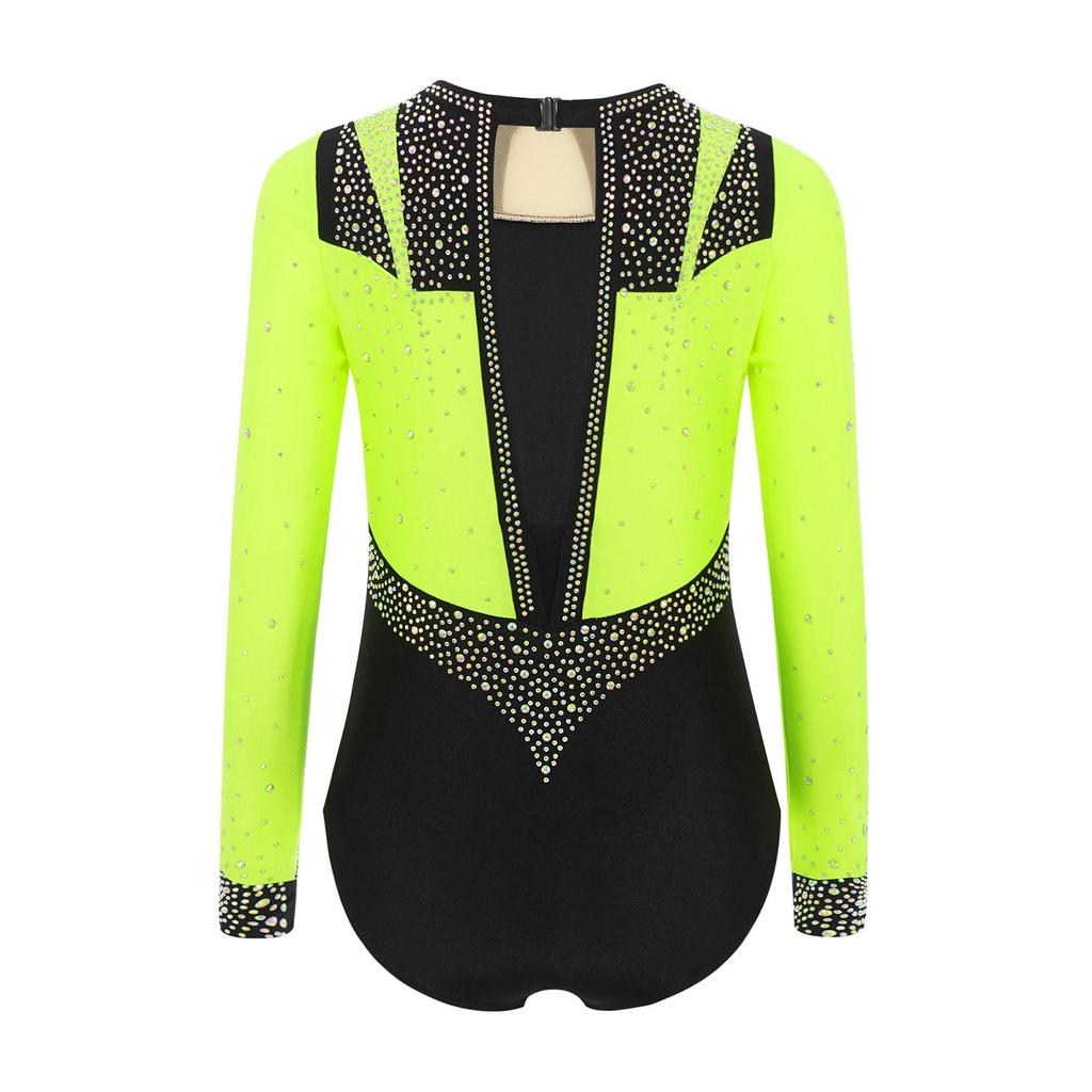 Girls Gymnastics Leotard Long Sleeve Keyhole Back Shiny Rhinestones Figure Skating Dancewear