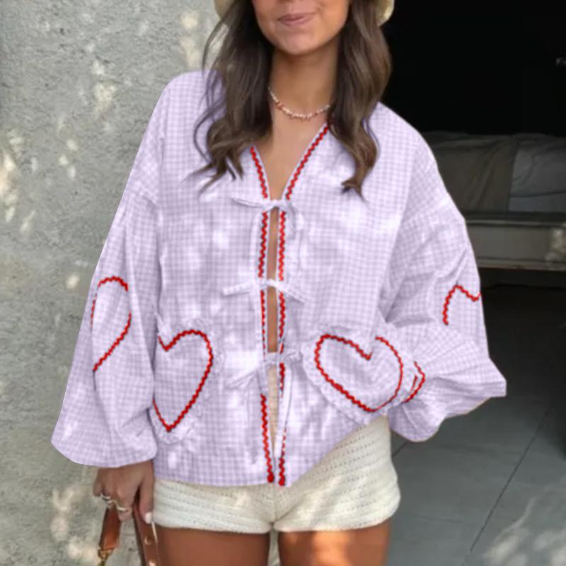 

VONDA Women V-Neck Long Sleeve Bow Knot Plaid Heart Print Casual Loose Shirts 5XL фиолетовый