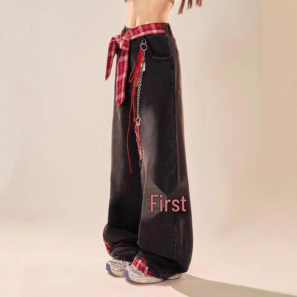 2025 Red Plaid High Waist Wide-Leg Patchwork Jeans for Women: Loose, Straight, Floor-Length