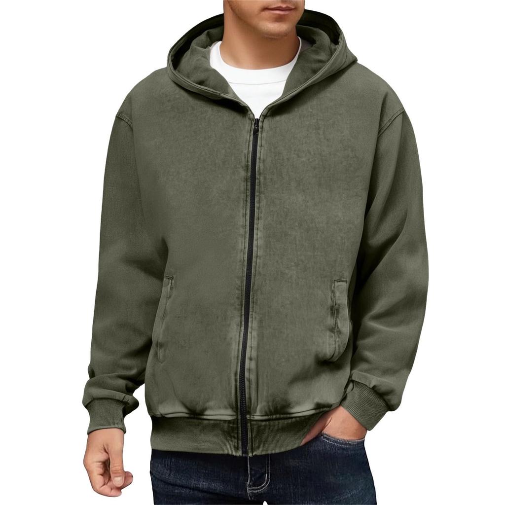 Men's Vintage Zipper Hooded Jacket With Pockets Long Sleeve Solid Color