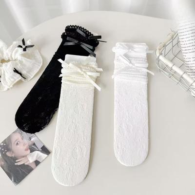 Chaussettes Lolita pour le Printemps et l'Été pour Femmes, Dentelle à Nœud, Chaussettes Molletonnées de Couleur Unie, Chaussettes Mi-mollet Respirantes