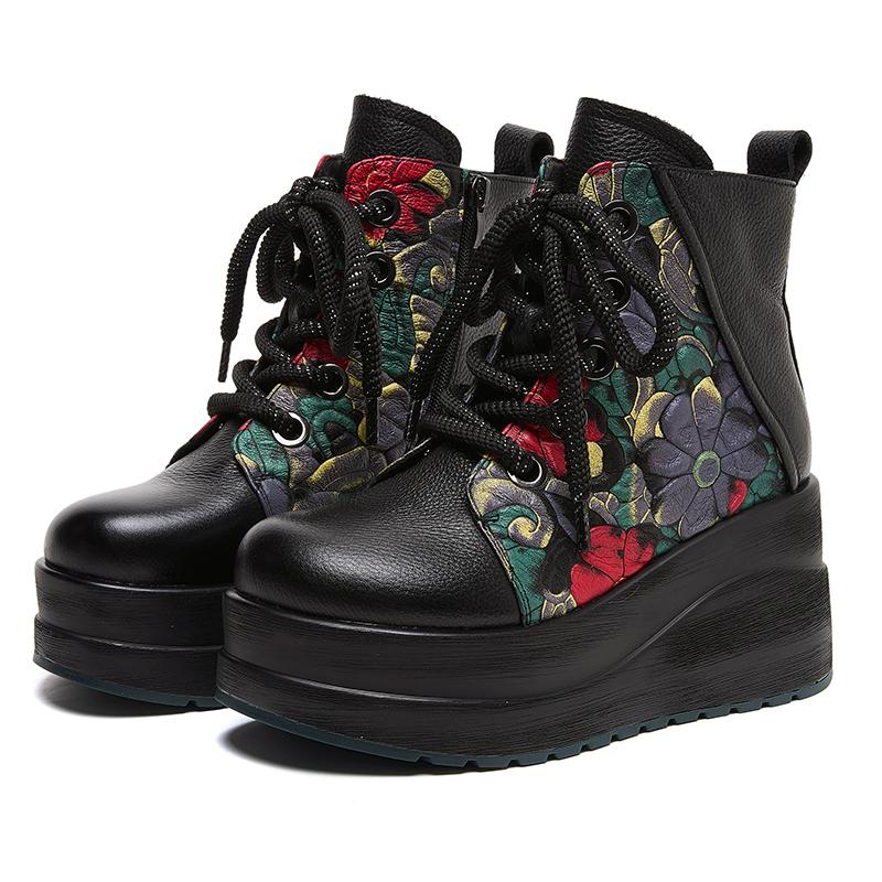 

Fashion GKTINOO Handmade Genuine Leather Women s Boots Round Toe Retro Thick-soled Wedges Ankle Boots Print Platform High-heeled Boots 220