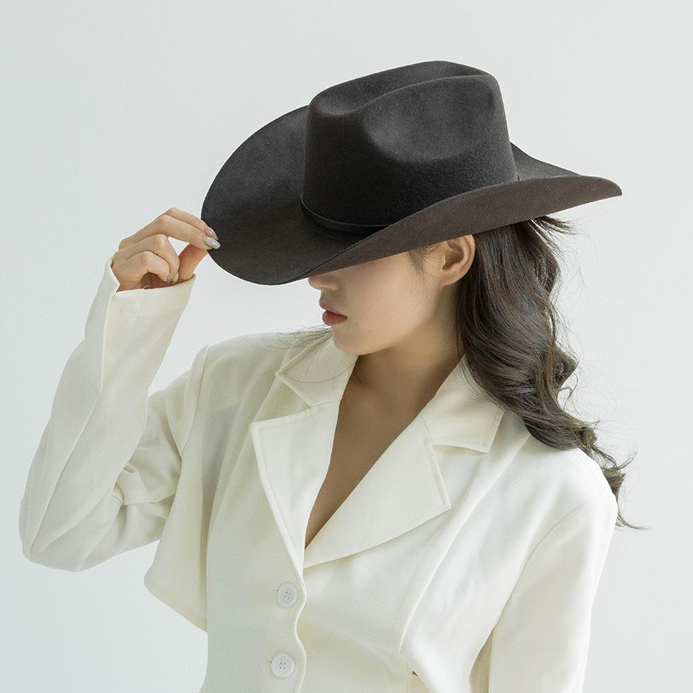 Europe, America, Autumn and Winter New Fashion Casual Belt Buckle Upturned Edge Big Brim Wool Felt Denim Hat Outdoor Warm Top Hat Tide