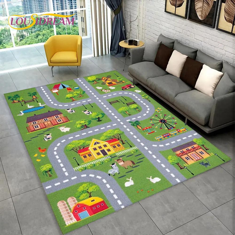 Highway City Traffic Cartoon Area Rug,Carpet Rug for Living Room Playroom Children's Bedroom Decor,Kid Game Non-slip Floor Mat