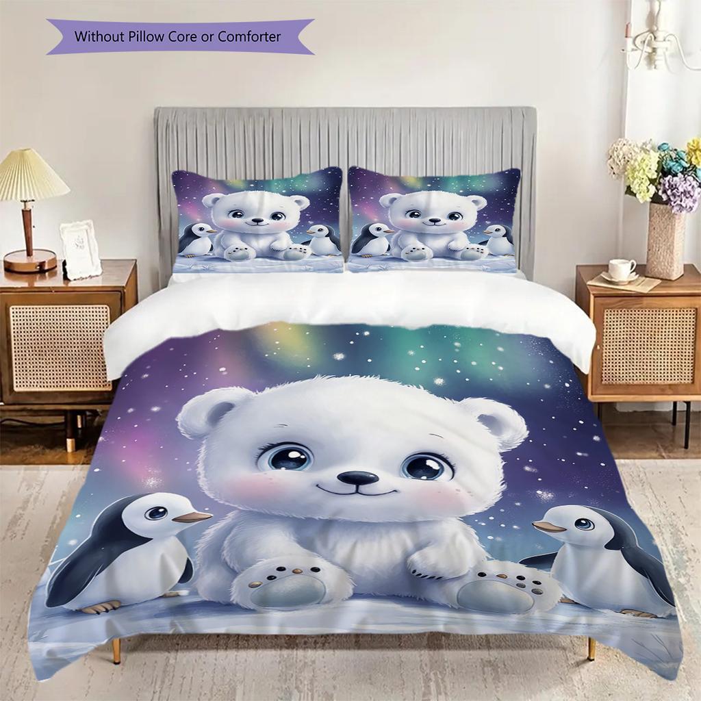 Polar Bear Pattern Bedding Quilt Set Quilt Cover Pillowcase Home Decoration Birthday Gift (1 * Duvet Cover + 2 * Pillowcase, Without Core)