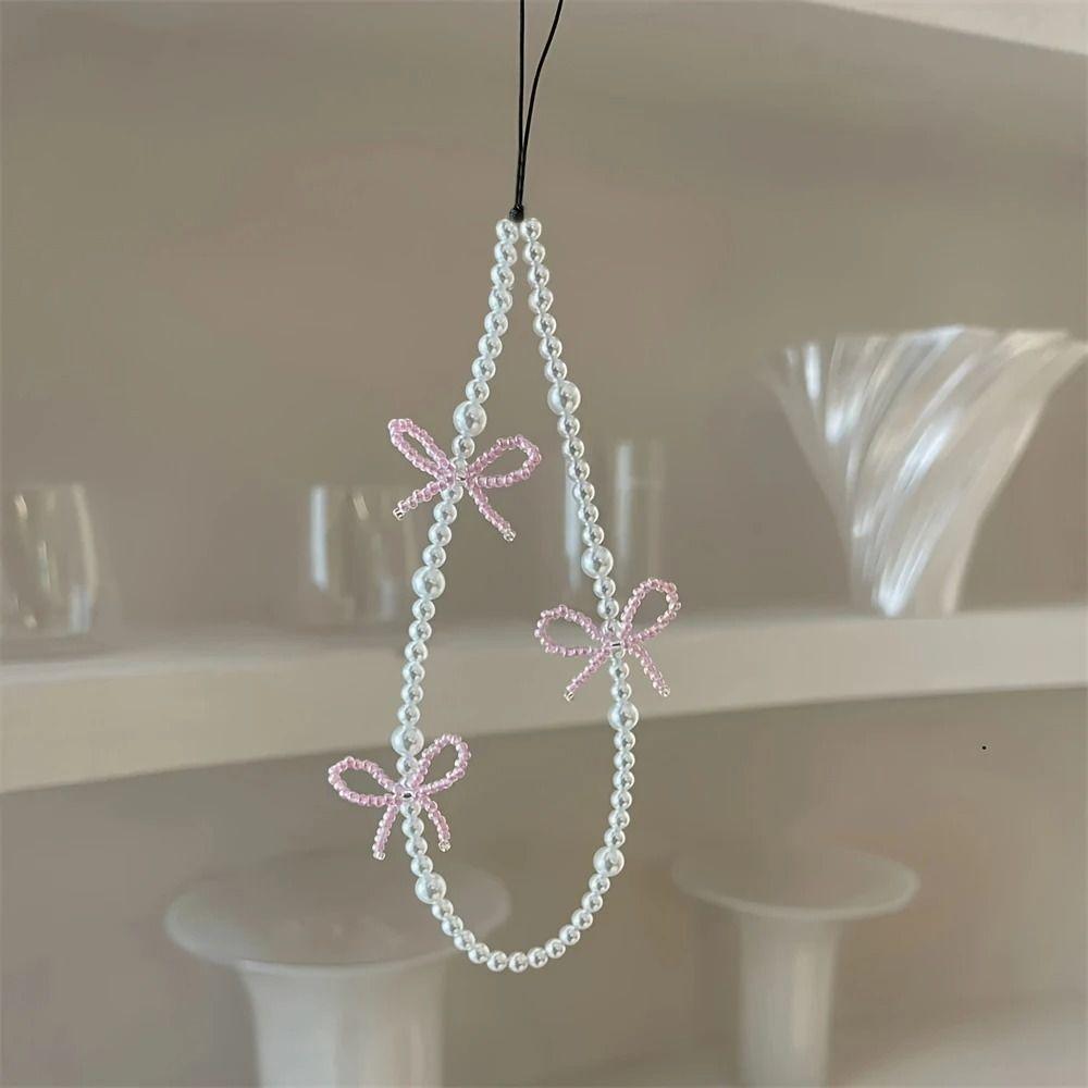 Pearl Beads Cell Phone Pendant Wrist Strap Phone Lanyard Fashion Bowknot Phone Charm  Woman Girl