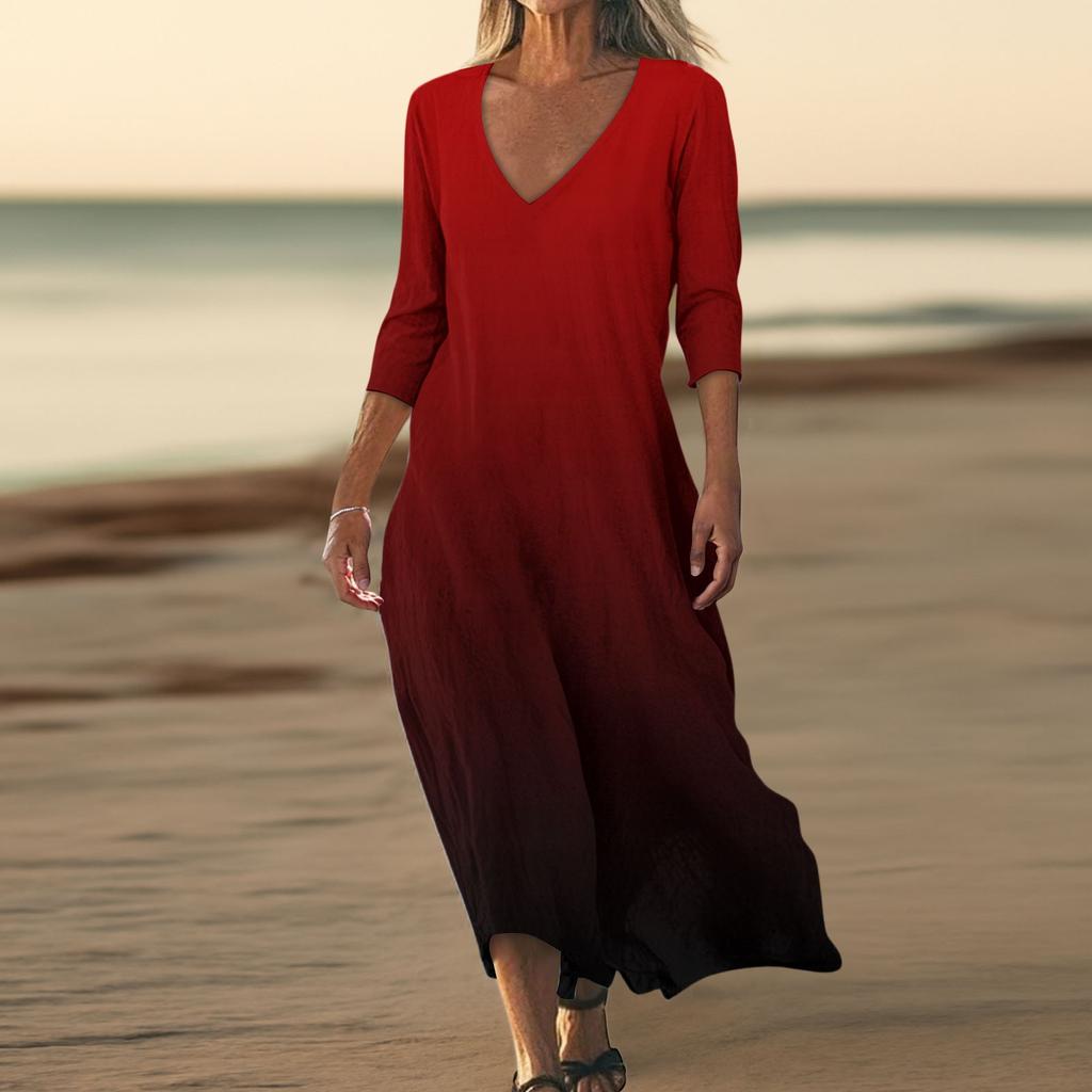 Dresses For Womens Vintage Print Tunic Waisted Midi Dress Summer Casual  3/4 Sleeve Dress