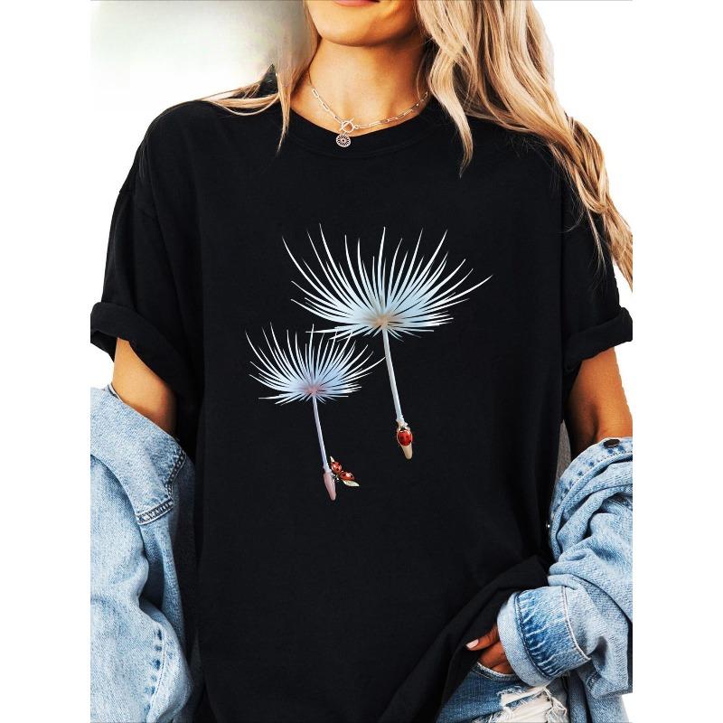 

European sizes Women s Ladybug & Dandelion Seeds Print T-Shirt - Casual Short Sleeve Blouse for Spring Summer Outfits 4XL чорний